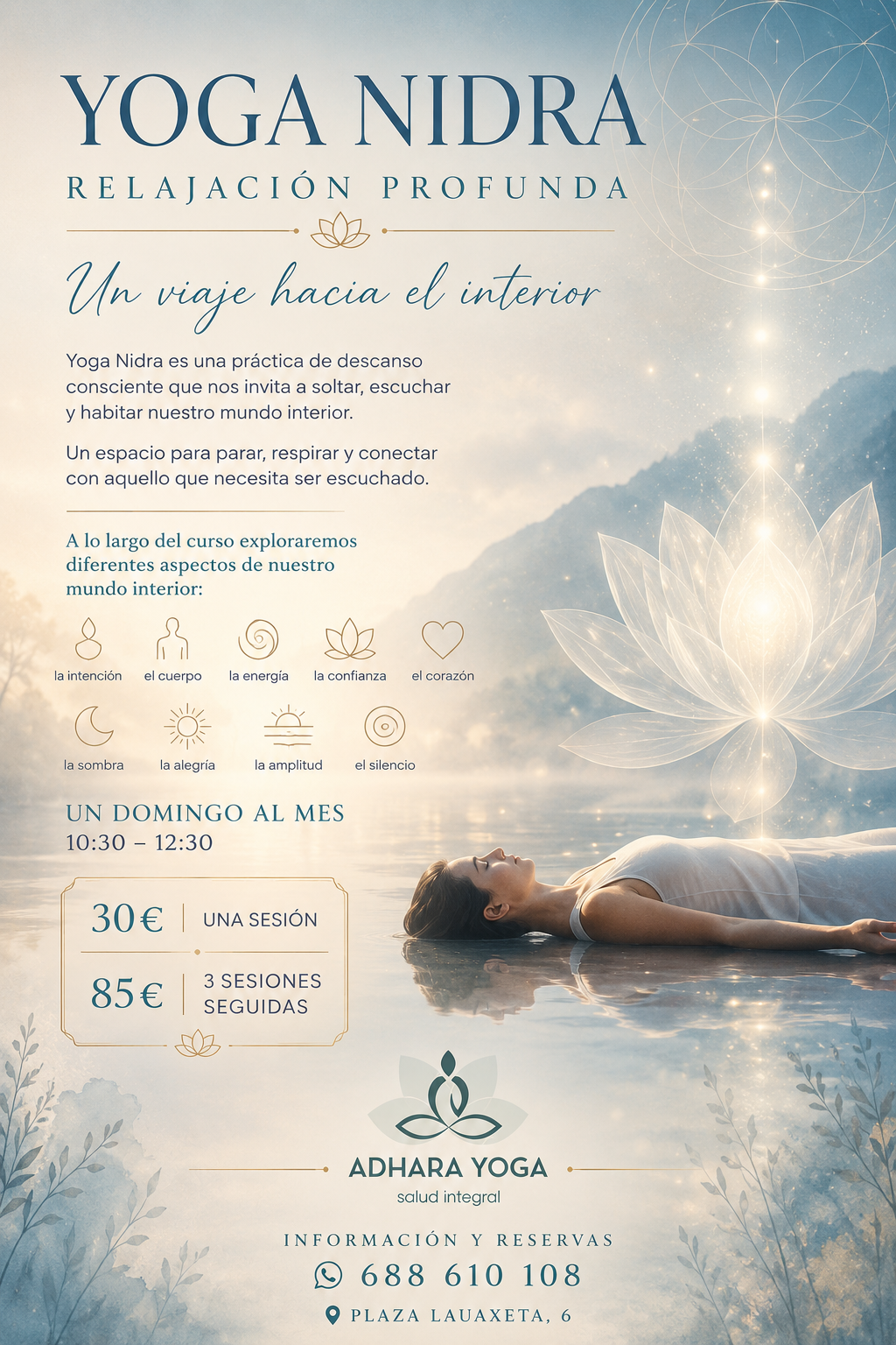 Mujer recostada en yoga nidra sobre un lago, con flor luminosa y texto promocional.